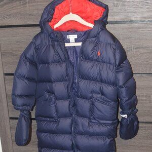 Ralph Lauren Snowsuit Size 24M with detachable mittens zip up red logo